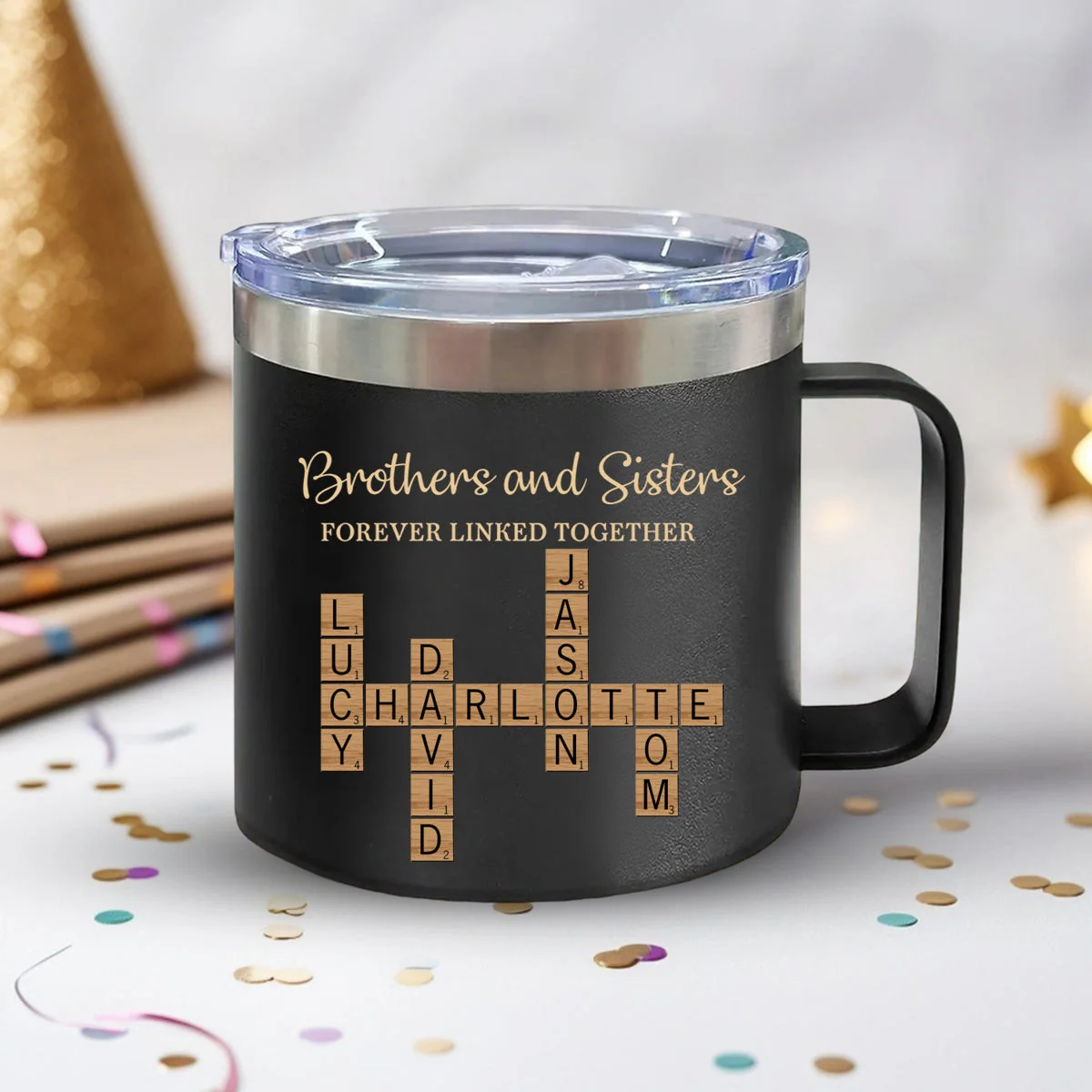 Brothers & Sisters Forever Linked Together Crossword Puzzle Art Personalized 14oz Stainless Steel Tumbler With Handle - Image 9