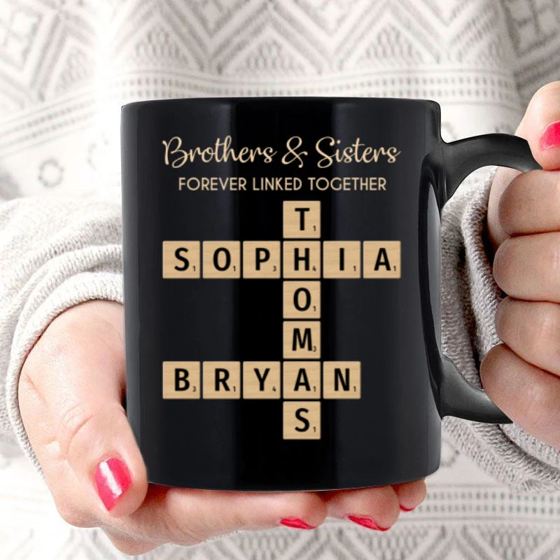 Brothers & Sisters Forever Linked Together Crossword Puzzle Art Personalized Mug - Image 2