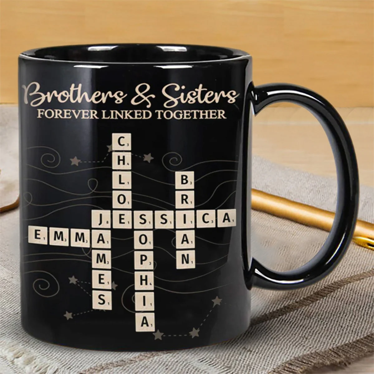 Brothers & Sisters Forever Linked Together Crossword Puzzle Art Personalized Mug - Image 3