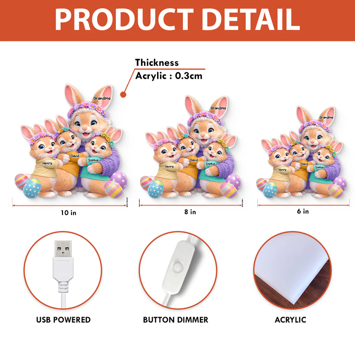 Bunny Easter Grandma with Grandkids' Names - Personalized Light Box - Image 10