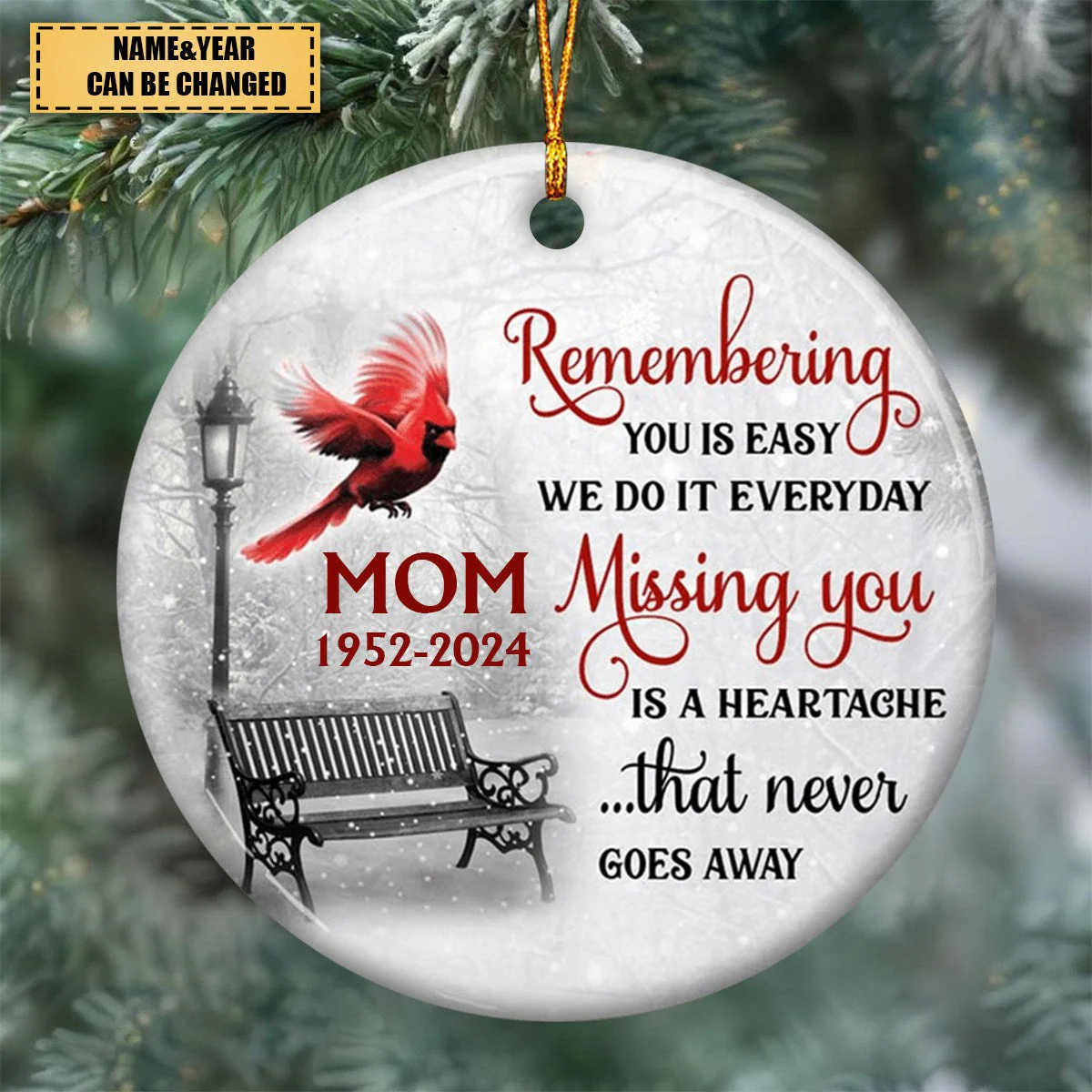 Cardinals Winter Memorial Personalized Circle Ornament - Image 3