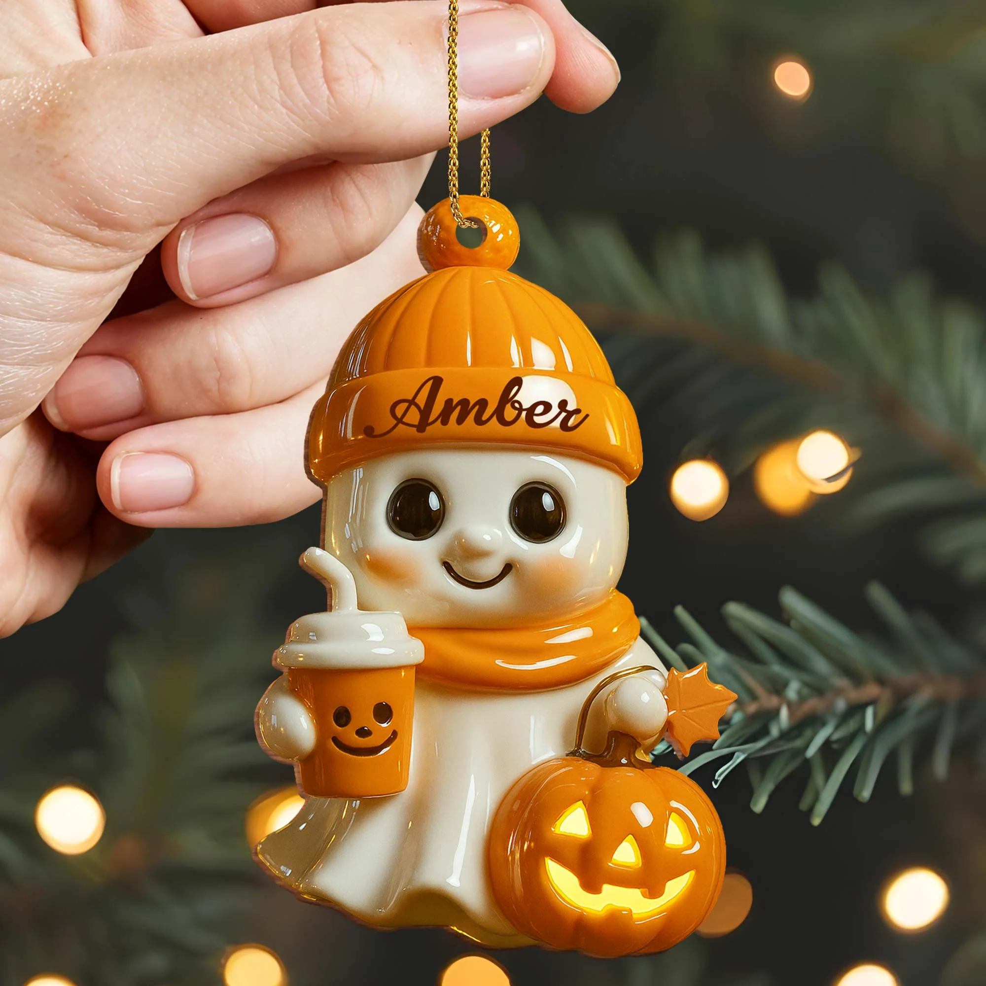 Celebrate Cozy Autumn Vibes Ghost and Pumpkin, Personalized Wood Ornament Gift for Halloween Lovers - Image 3