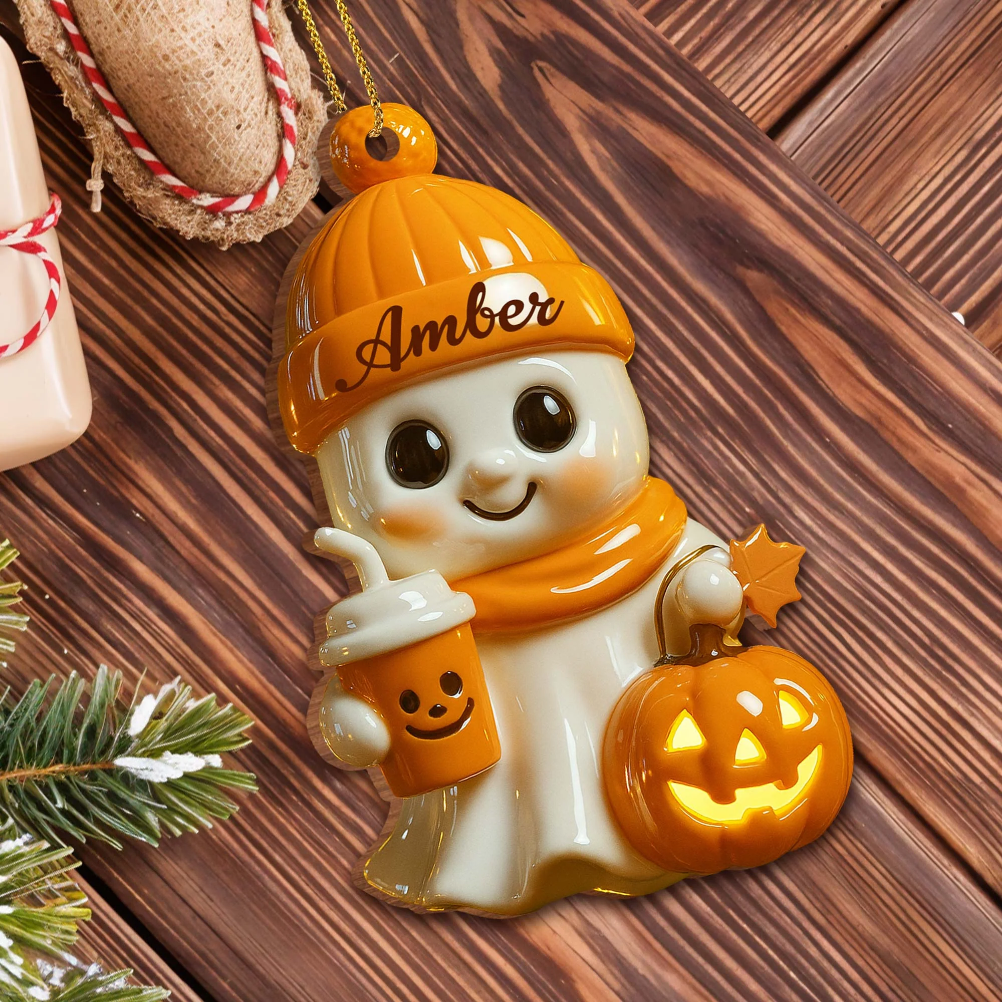 Celebrate Cozy Autumn Vibes Ghost and Pumpkin, Personalized Wood Ornament Gift for Halloween Lovers - Image 4