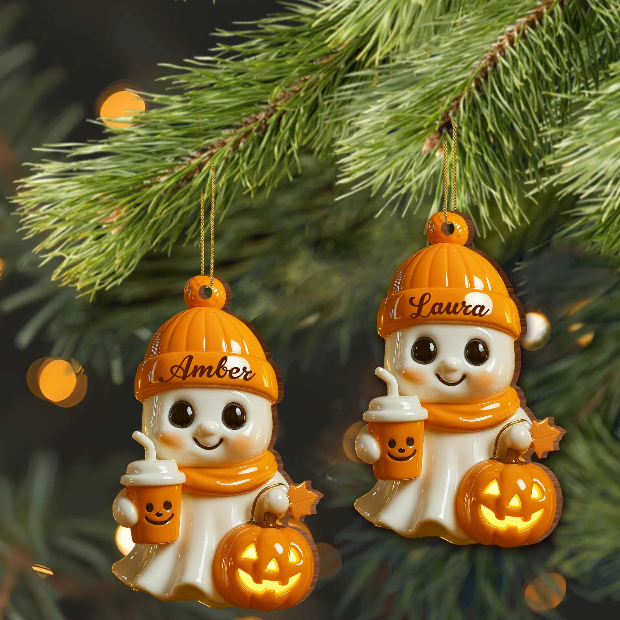 Celebrate Cozy Autumn Vibes Ghost and Pumpkin, Personalized Wood Ornament Gift for Halloween Lovers - Image 5