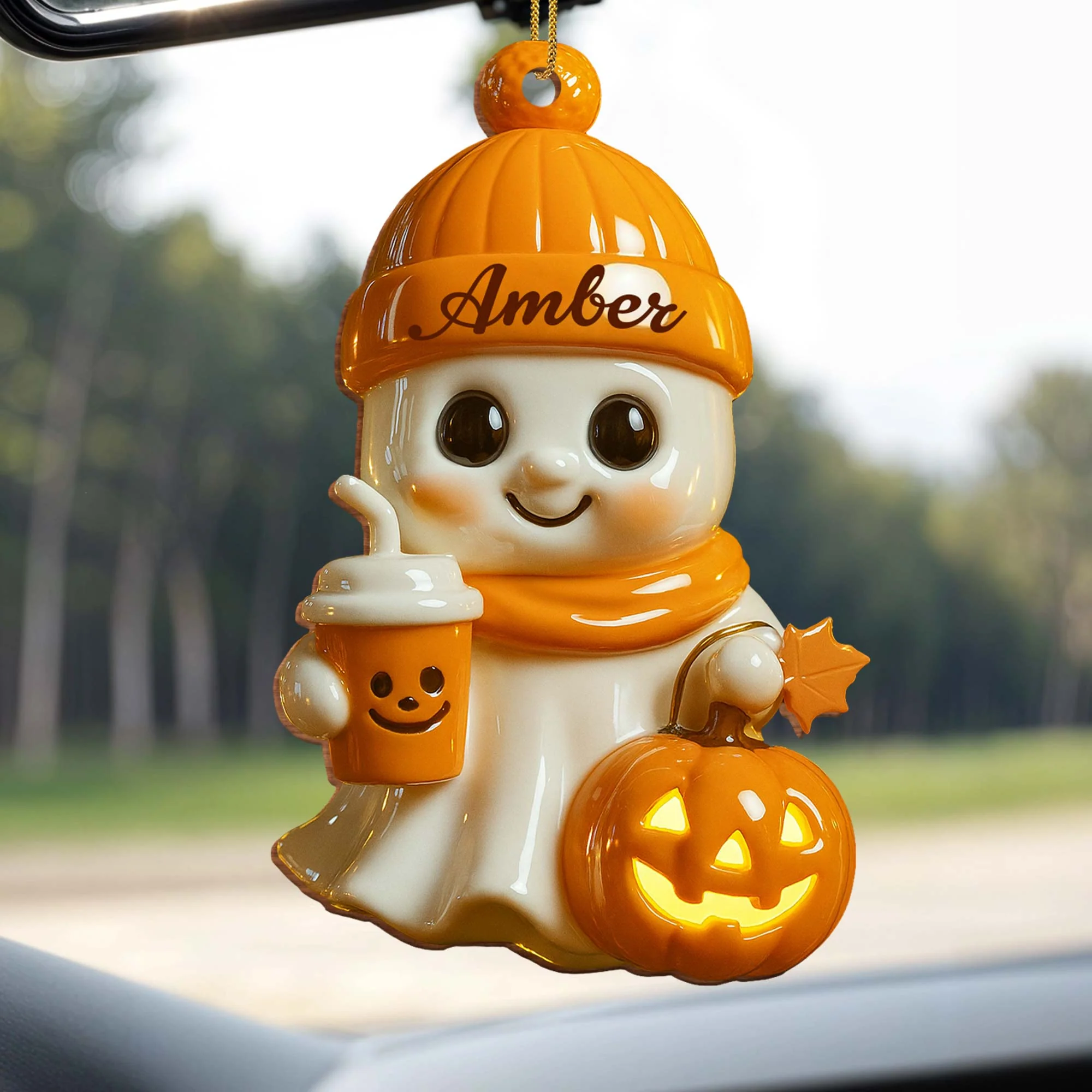 Celebrate Cozy Autumn Vibes Ghost and Pumpkin, Personalized Wood Ornament Gift for Halloween Lovers - Image 6