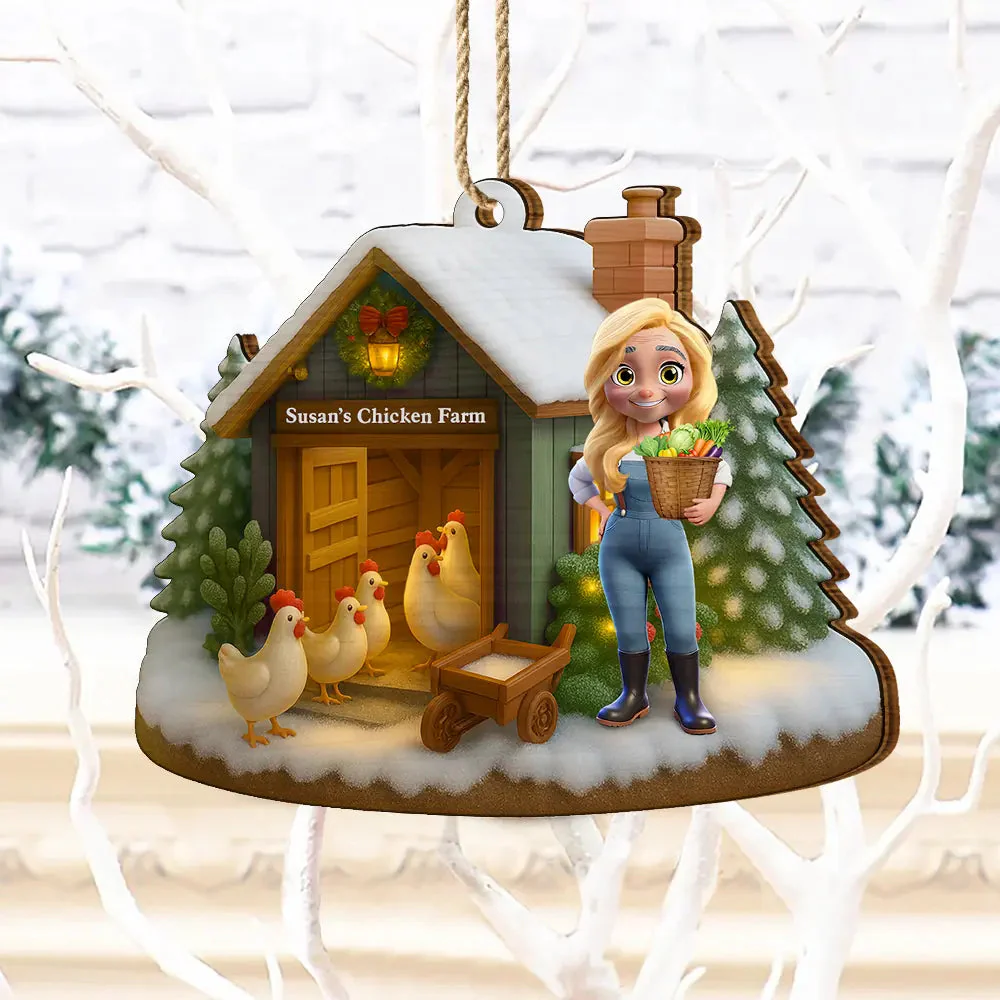 Christmas Chicken Farm - Personalized Custom Shaped Wooden Ornament - Image 6