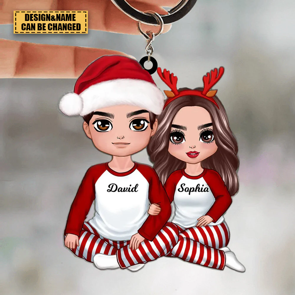 Christmas Doll Couple Sitting Hugging Personalized Acrylic Keychain - Image 2