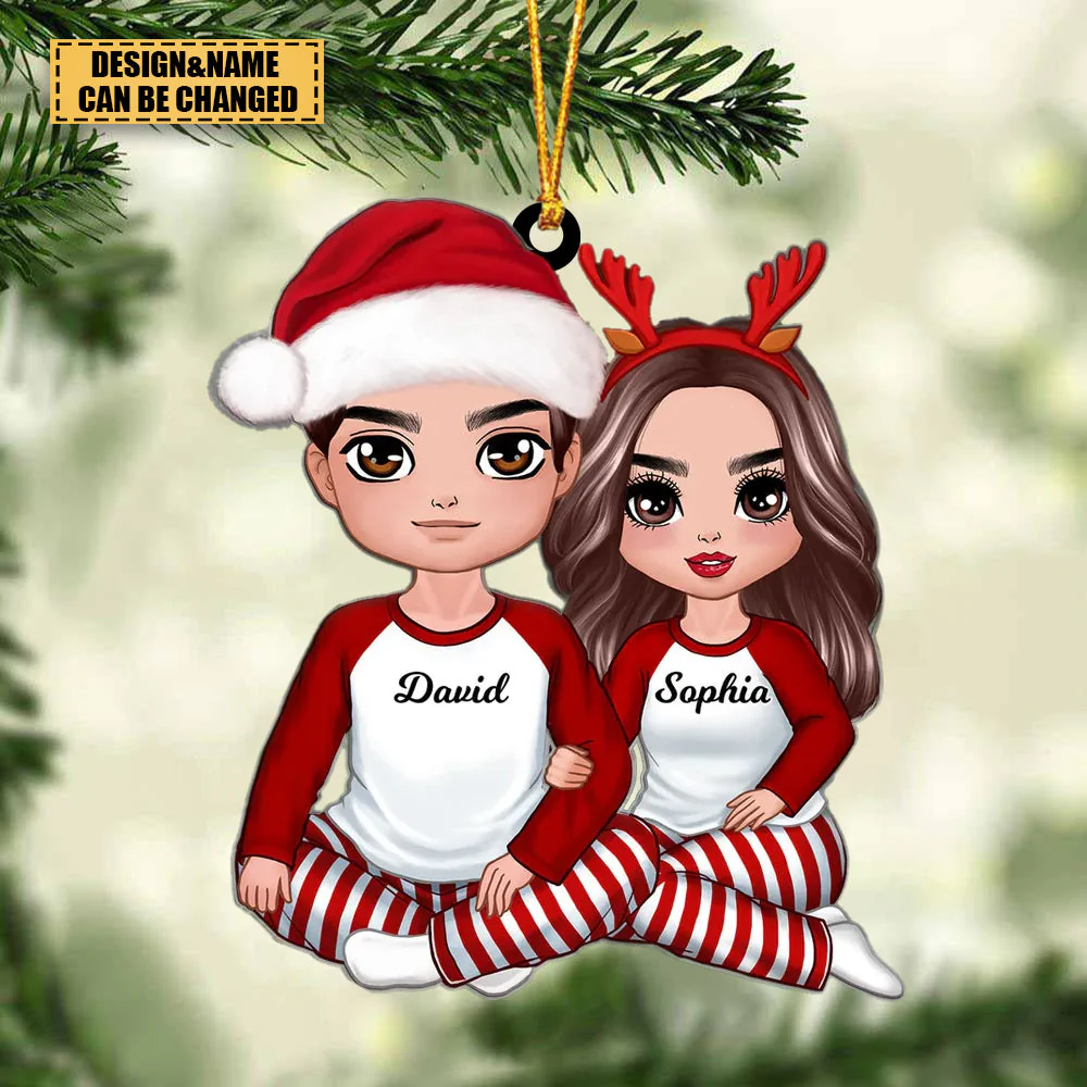 Christmas Doll Couple Sitting Hugging Personalized Acrylic Ornament - Image 2