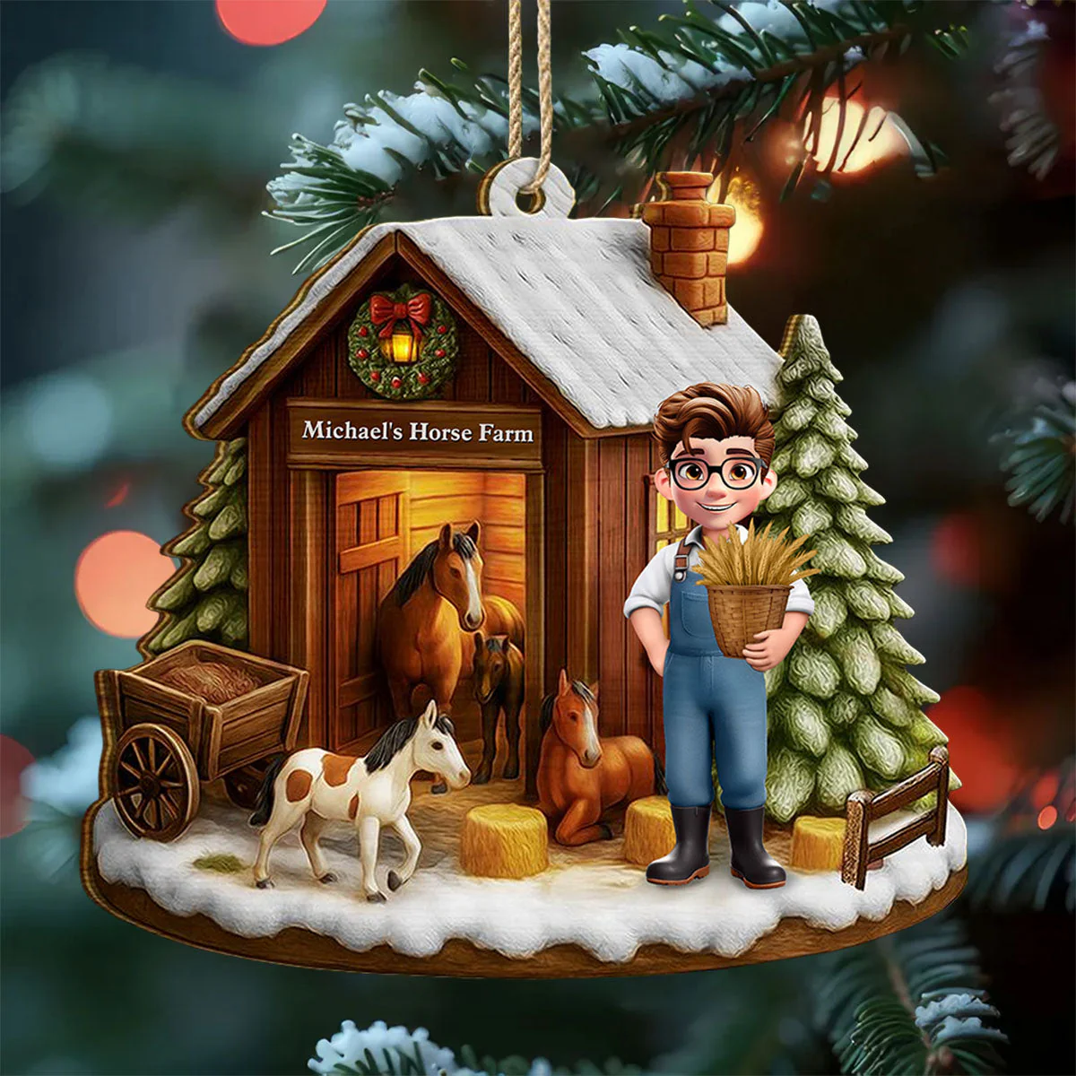Christmas Horse Farm - Personalized Custom Shaped Wooden Ornament - Image 2