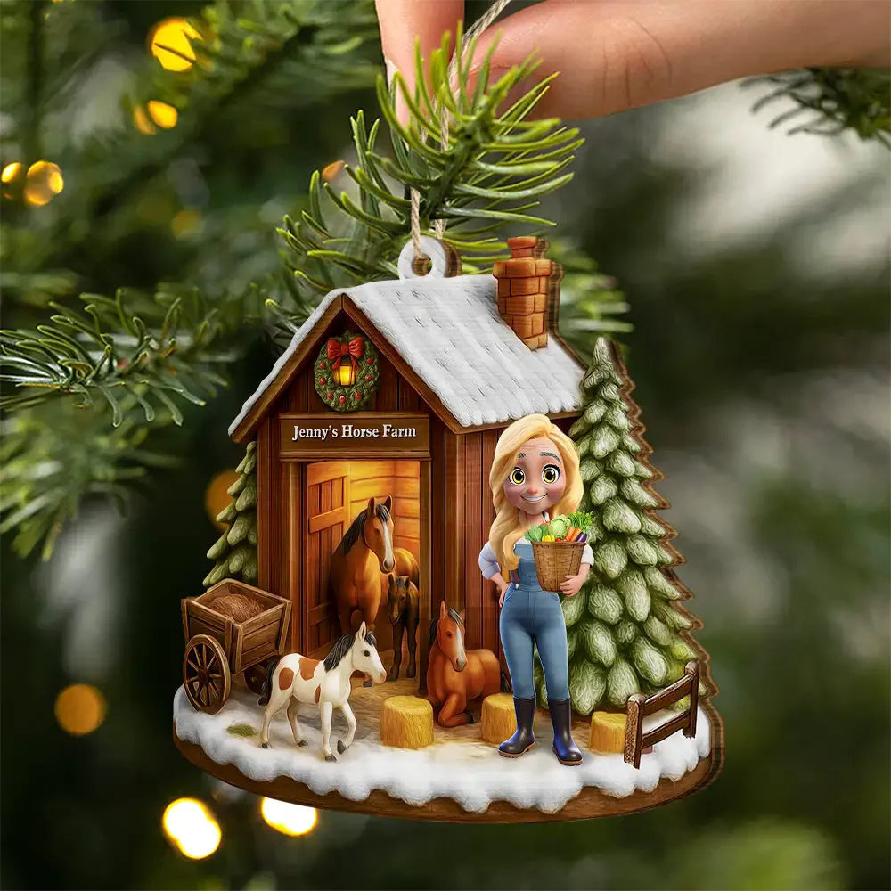 Christmas Horse Farm - Personalized Custom Shaped Wooden Ornament - Image 4