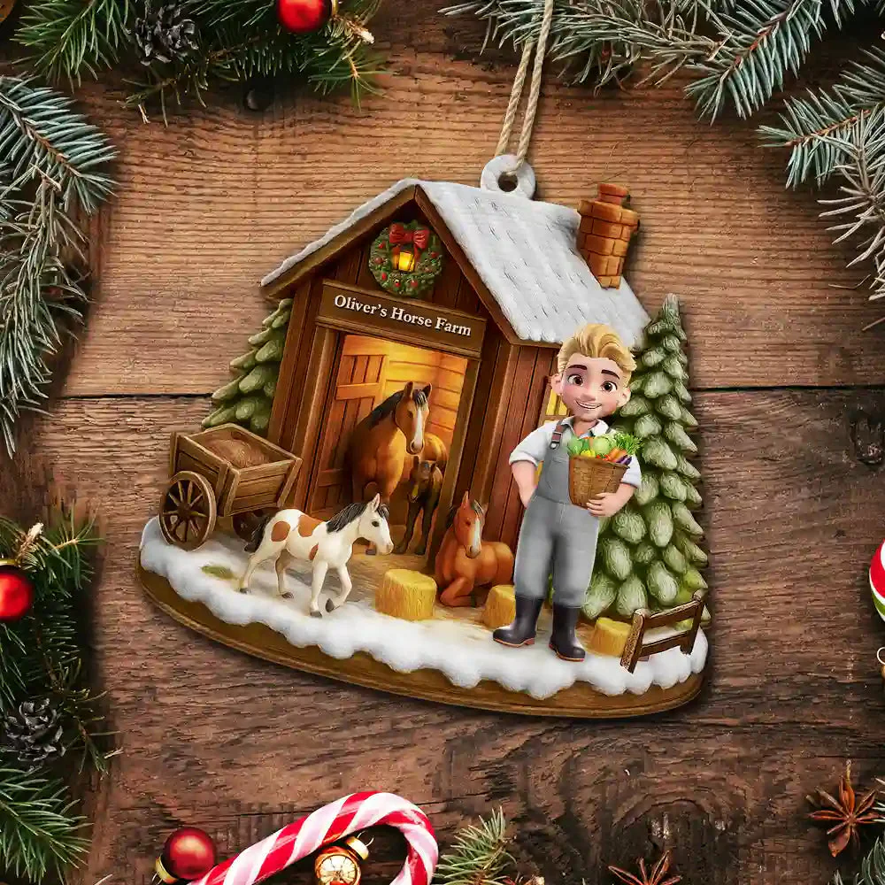 Christmas Horse Farm - Personalized Custom Shaped Wooden Ornament - Image 5