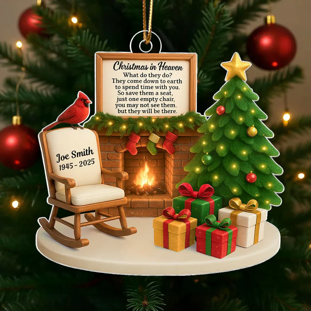 Christmas In Heaven Cardinal On Chair Personalized Acrylic Ornament Memorial Sympathy Gift