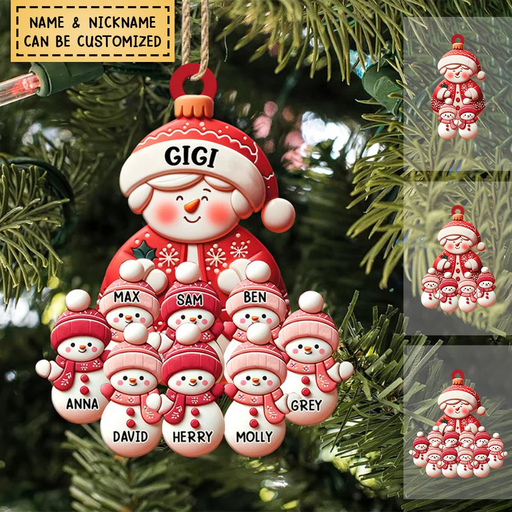 Christmas Red Themed Grandma Snowman With Little Snowman Kids Personalized Acrylic Ornament - Image 2