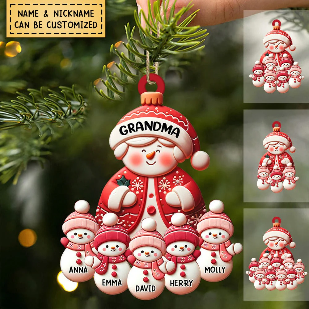 Christmas Red Themed Grandma Snowman With Little Snowman Kids Personalized Acrylic Ornament - Image 3