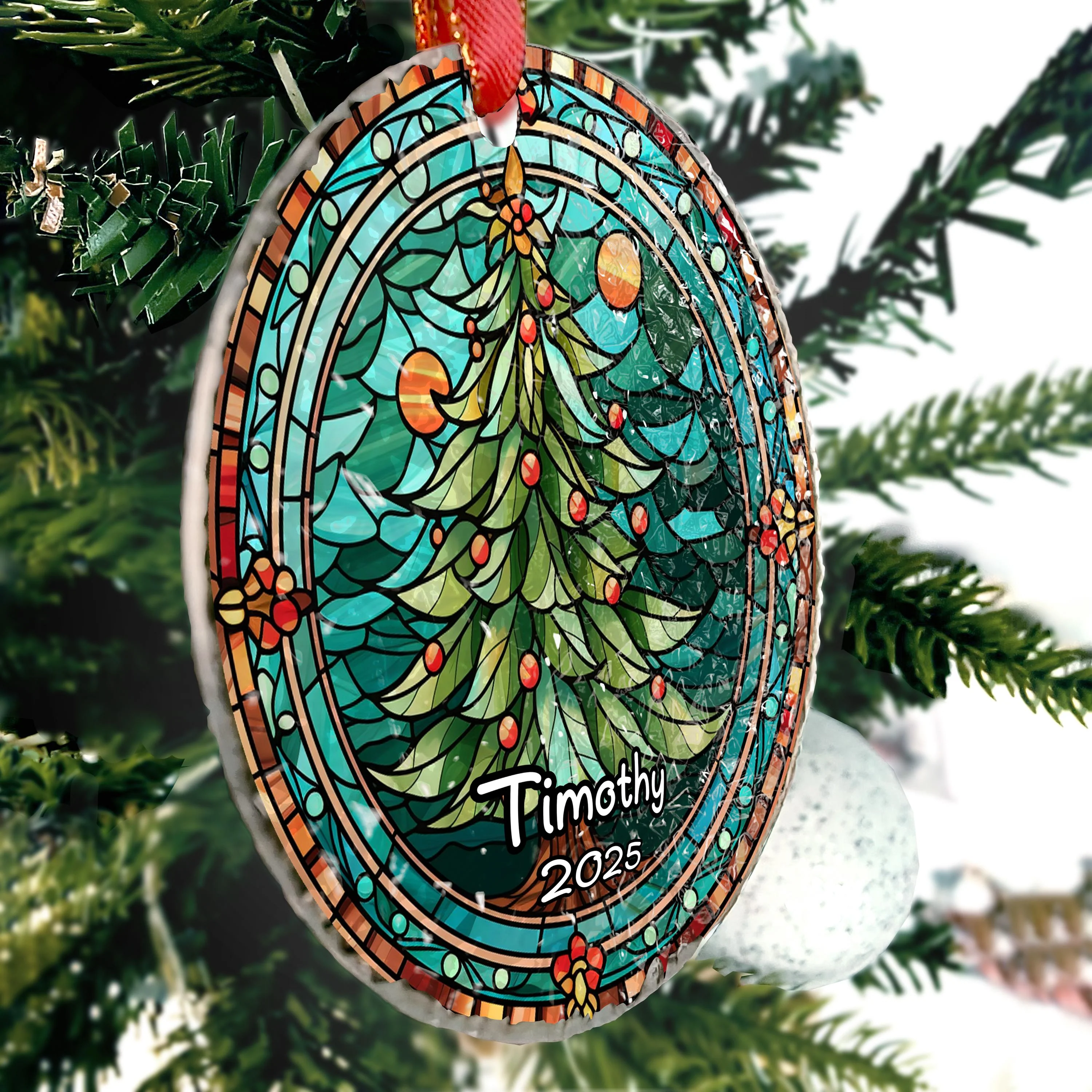 Christmas Tree - Personalized Circle Glass Ornament - Image 3