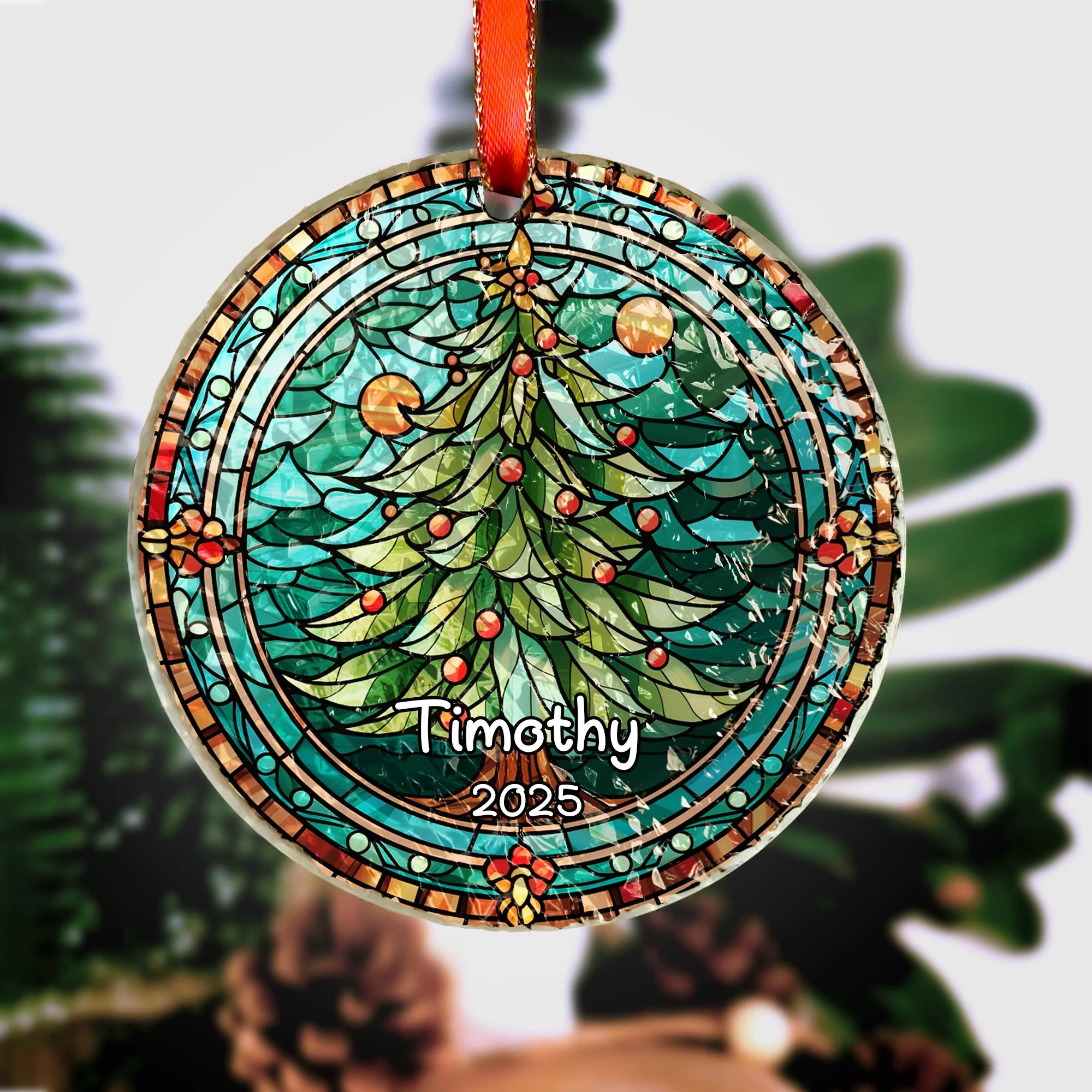 Christmas Tree - Personalized Circle Glass Ornament - Image 4