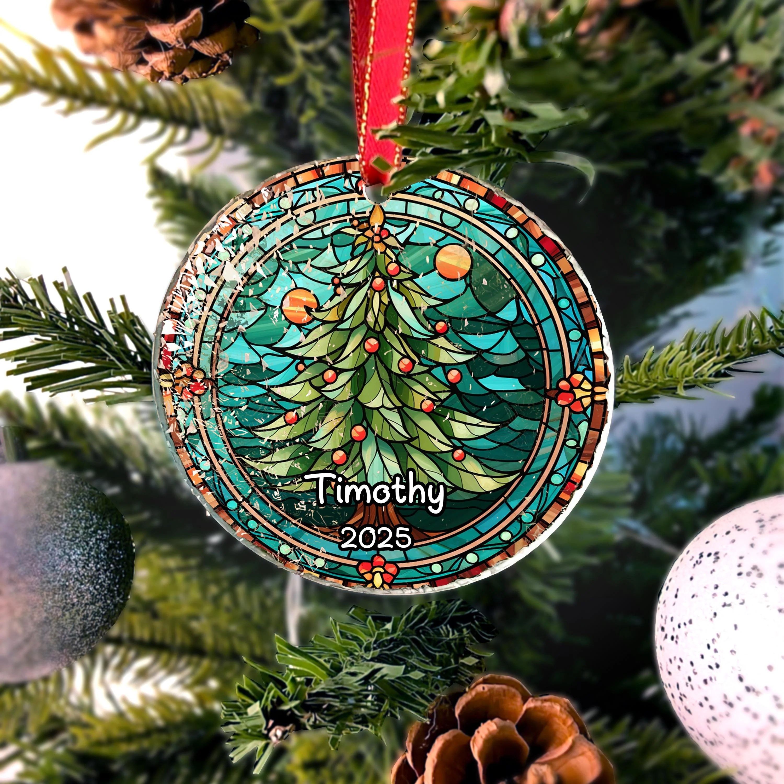 Christmas Tree - Personalized Circle Glass Ornament - Image 5