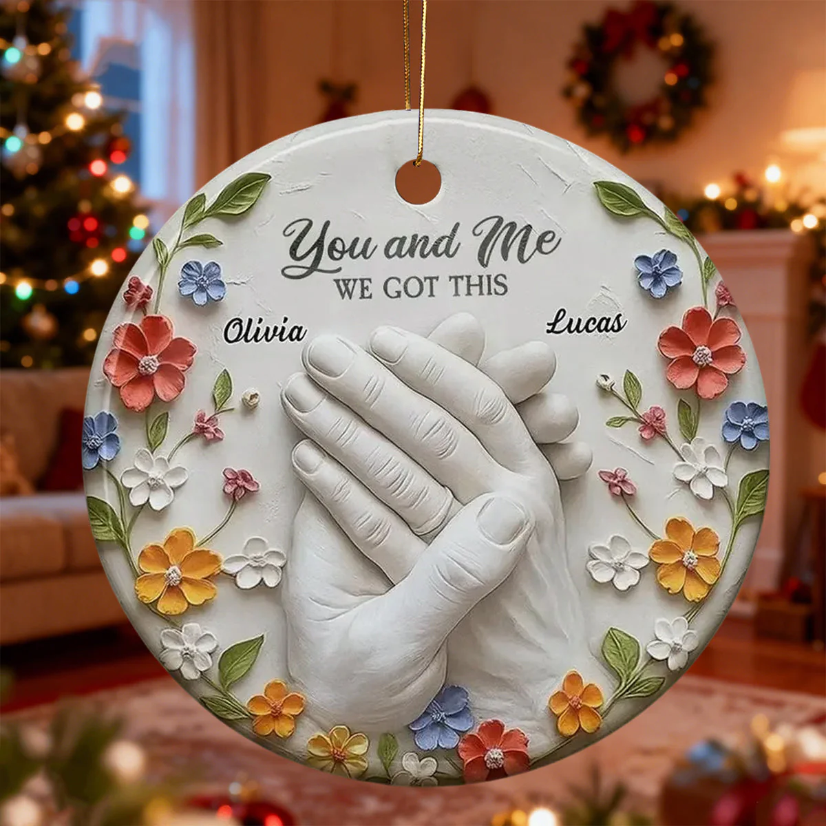 Clasped Hands And Flowers, Personalized Ceramic Ornament, Gift For Couples And Partners - Image 3