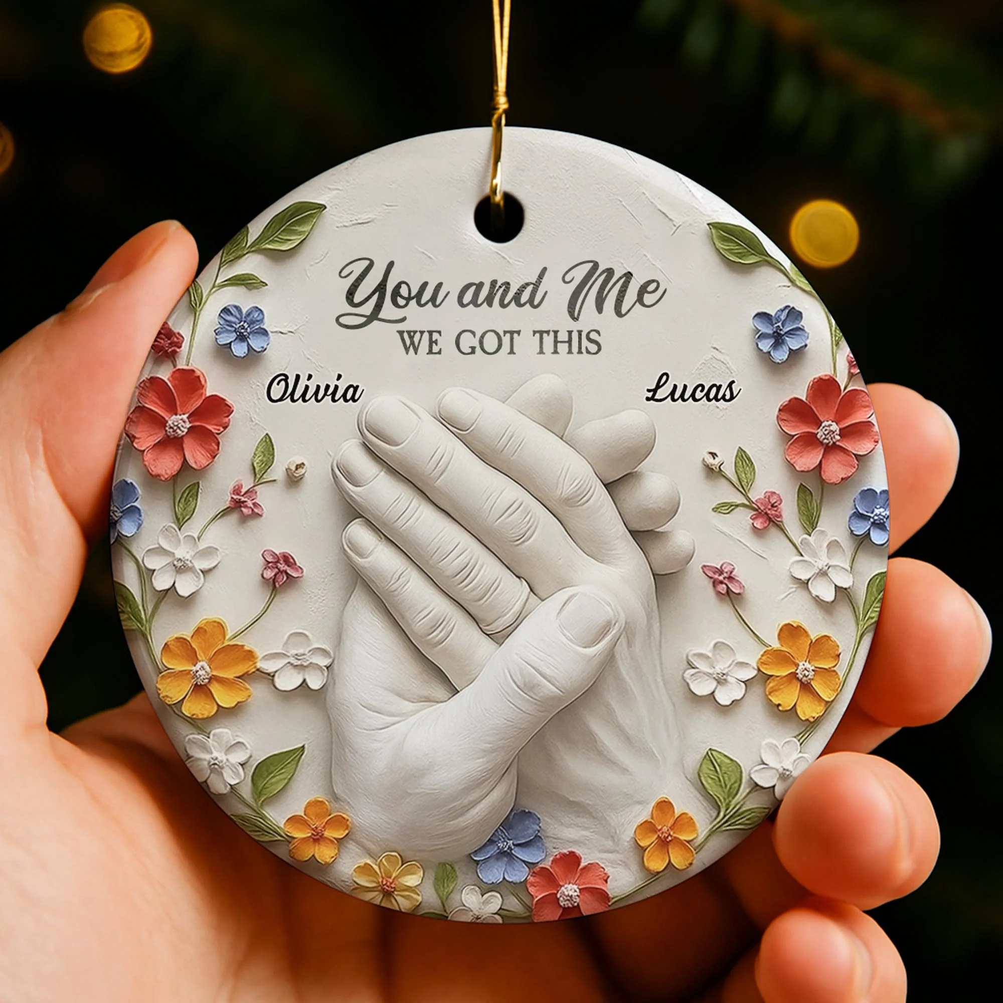 Clasped Hands And Flowers, Personalized Ceramic Ornament, Gift For Couples And Partners - Image 4