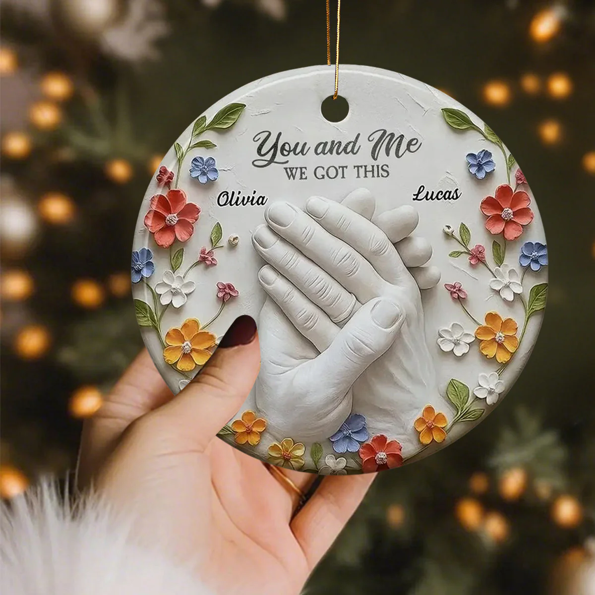 Clasped Hands And Flowers, Personalized Ceramic Ornament, Gift For Couples And Partners - Image 5