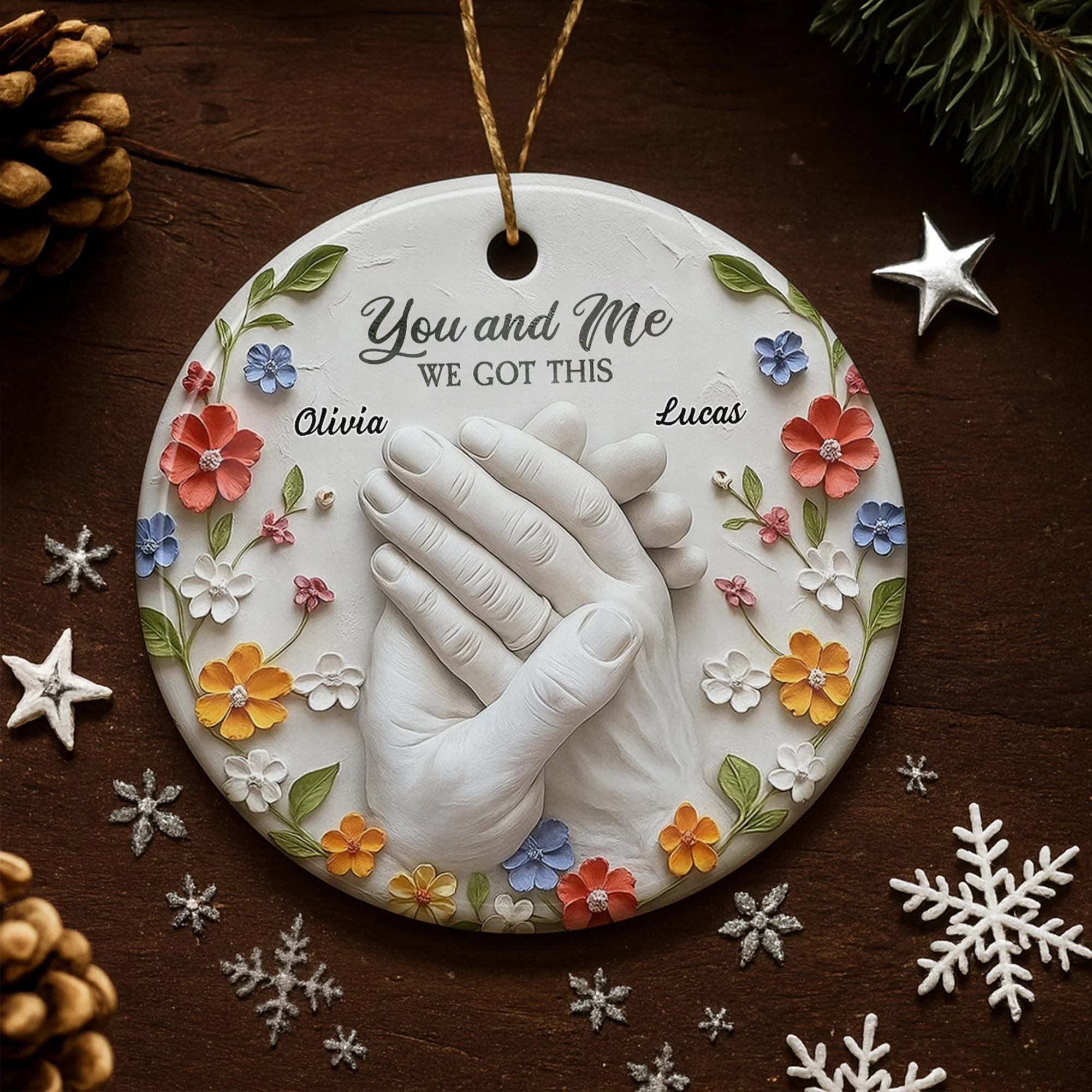 Clasped Hands And Flowers, Personalized Ceramic Ornament, Gift For Couples And Partners - Image 6