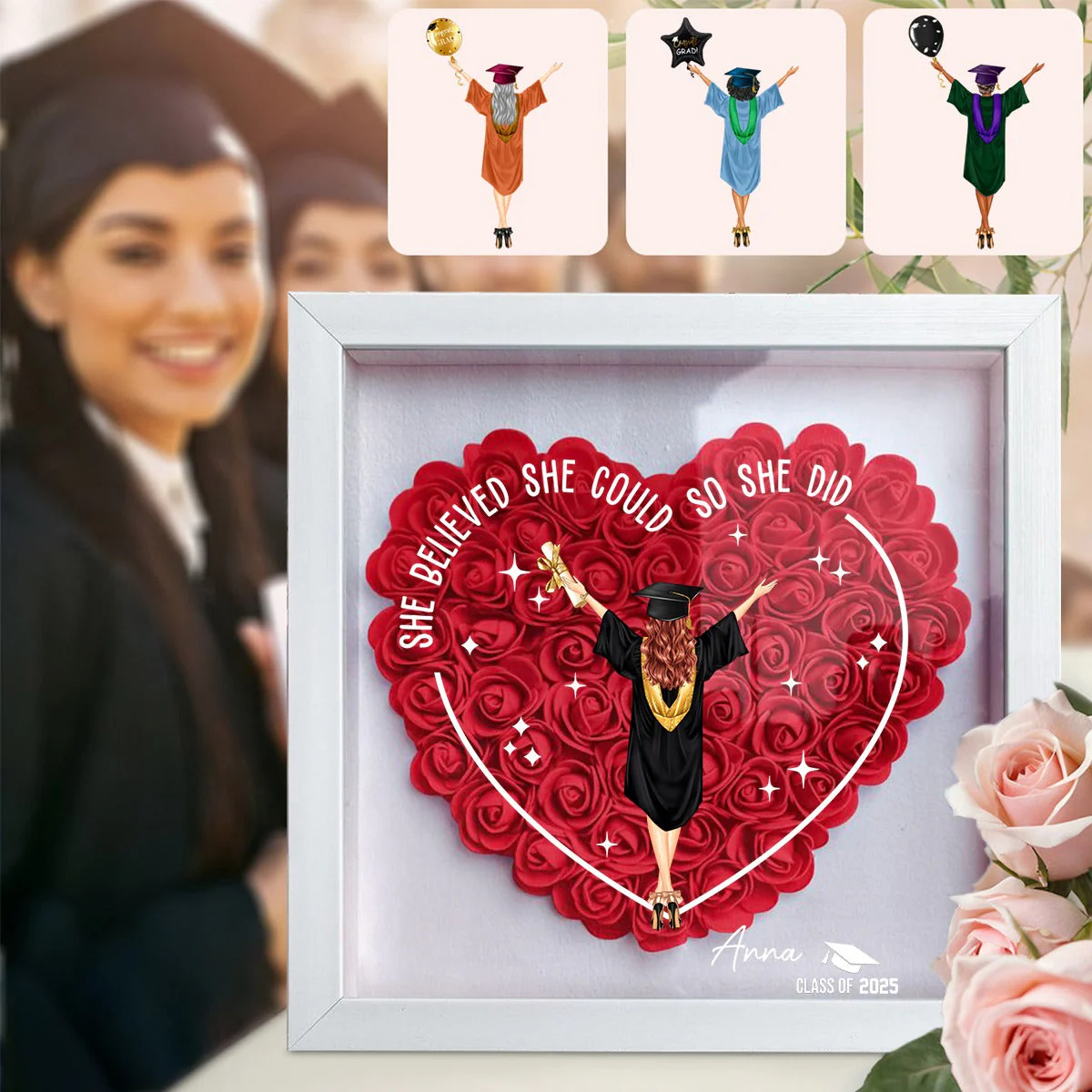 Class Of 2025 Graduation Gift So She Did - Personalized Flower Shadow Box - Image 9