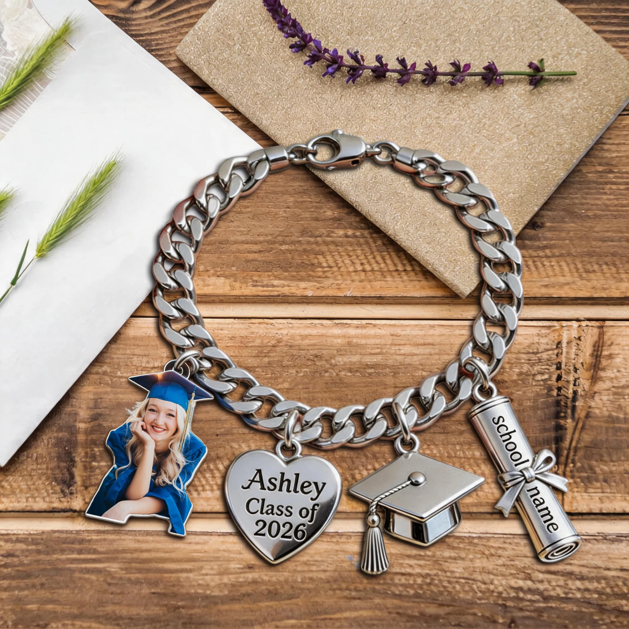 Class Of 2026 - Custom Photo Personalized Graduation Bracelet With Charms - Image 2