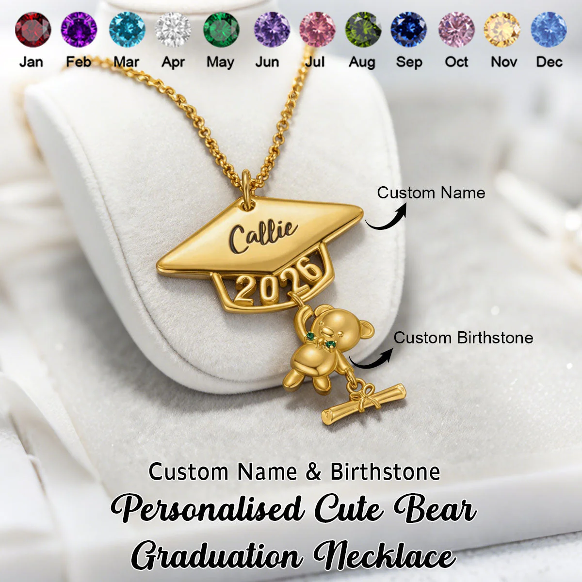 Class of 2026 Graduates Engraved Name and Birthstone Personalised Cute Bear Graduation Necklace - Image 2