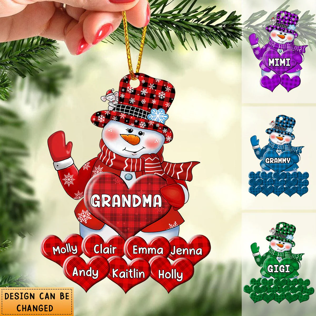 Colorful Christmas Snowman Grandma Mom Little Heart Kids- Personalized Ornament - Image 3