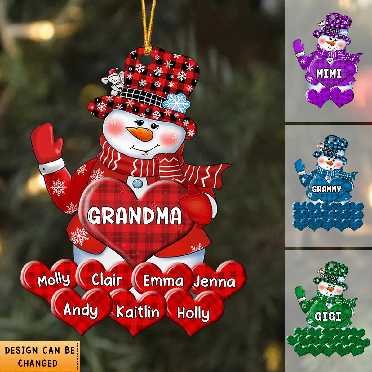Colorful Christmas Snowman Grandma Mom Little Heart Kids- Personalized Ornament - Image 4