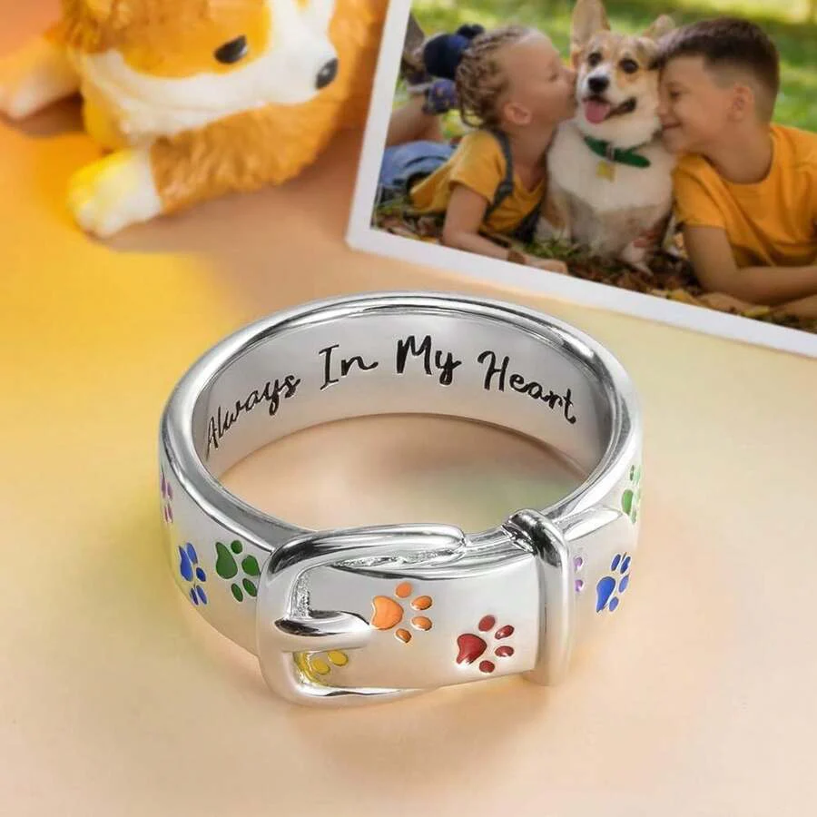 Always In My Heart, Colorful Paw Print Dog Collar-Shaped Ring - Image 2