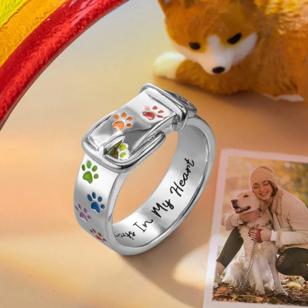 Always In My Heart, Colorful Paw Print Dog Collar-Shaped Ring - Image 3