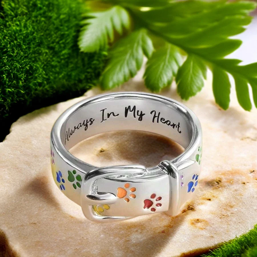 Always In My Heart, Colorful Paw Print Dog Collar-Shaped Ring - Image 4