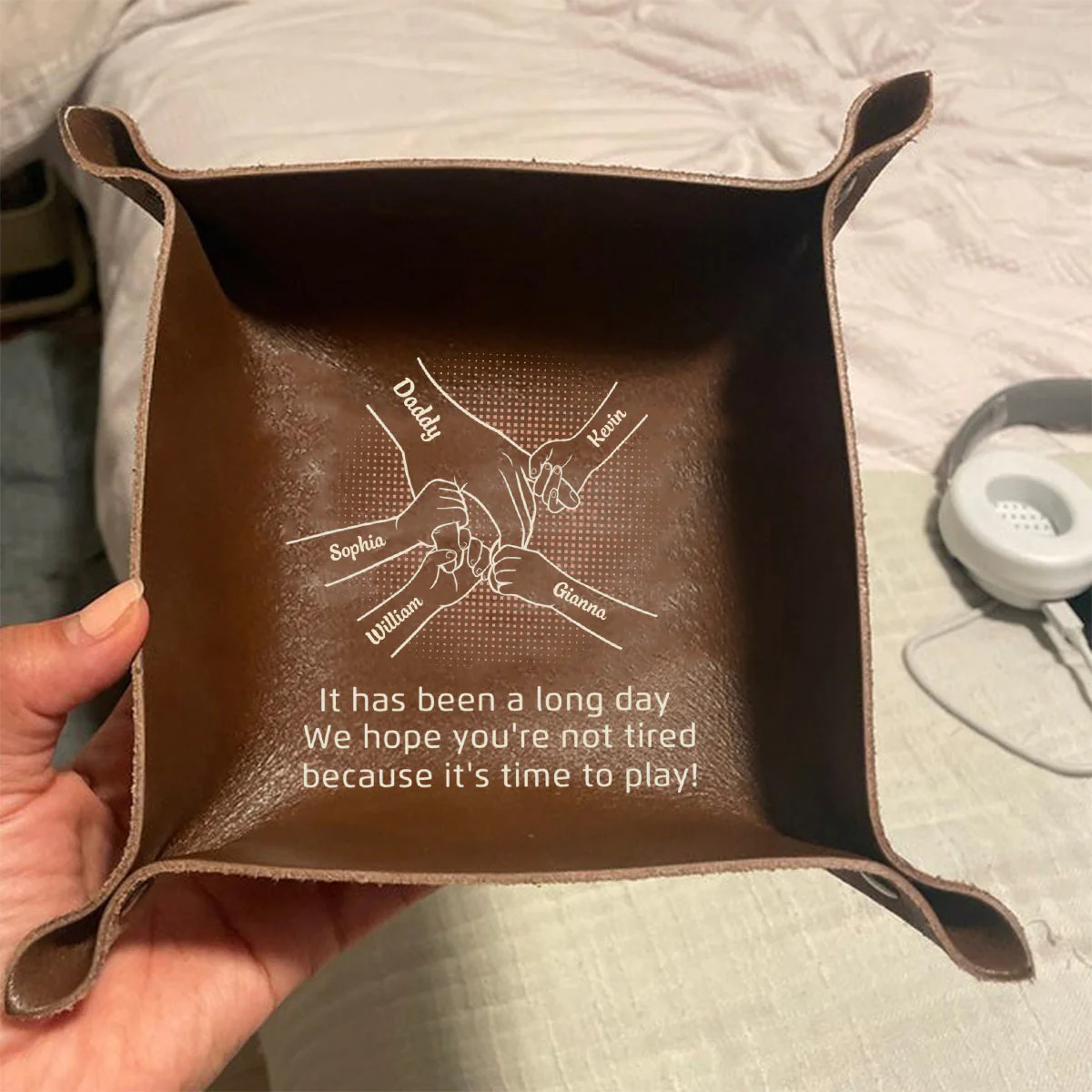 Come Home To Love - Family Personalized Custom Leather Valet Tray - Father's Day, Gift For Dad, Grandpa - Image 2
