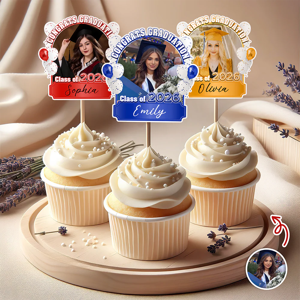 Congrats Graduation Class of 2026 Balloons Custom Photo Cupcake Topper - Image 2