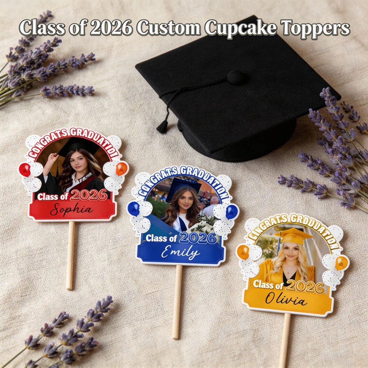 Congrats Graduation Class of 2026 Balloons Custom Photo Cupcake Topper - Image 6
