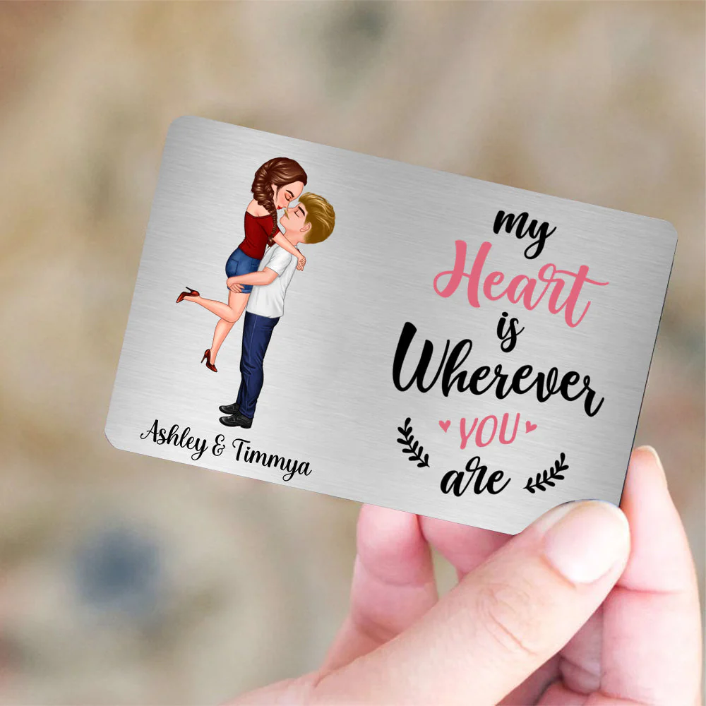 Couple Hugging - My Heart Is Wherever You Are - Personalized Metal Wallet Card - Image 2