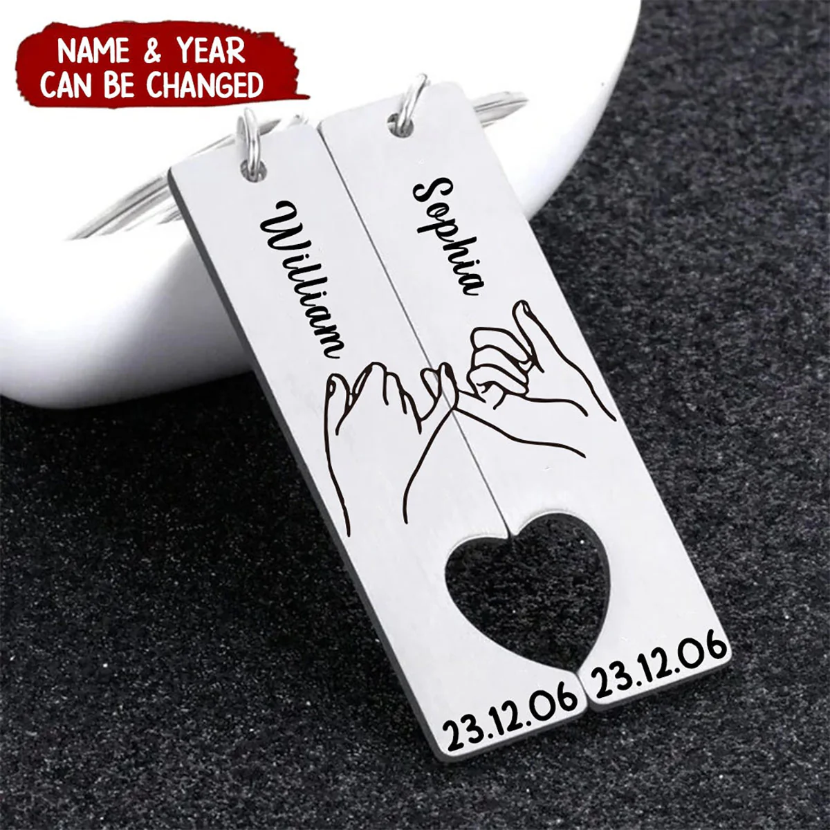 Couple Keychain Set Heart, Personalised  Matching Couple Keyring - Image 3