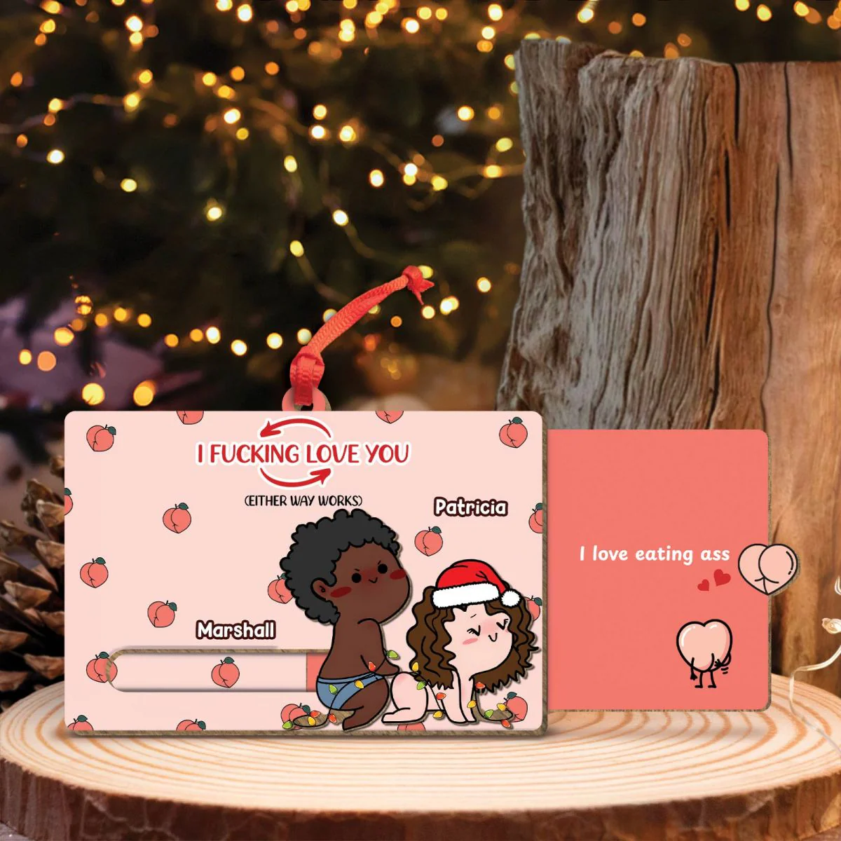 Couple Naughty Couple With Peach Personalized Wooden Slider Ornament - Image 3