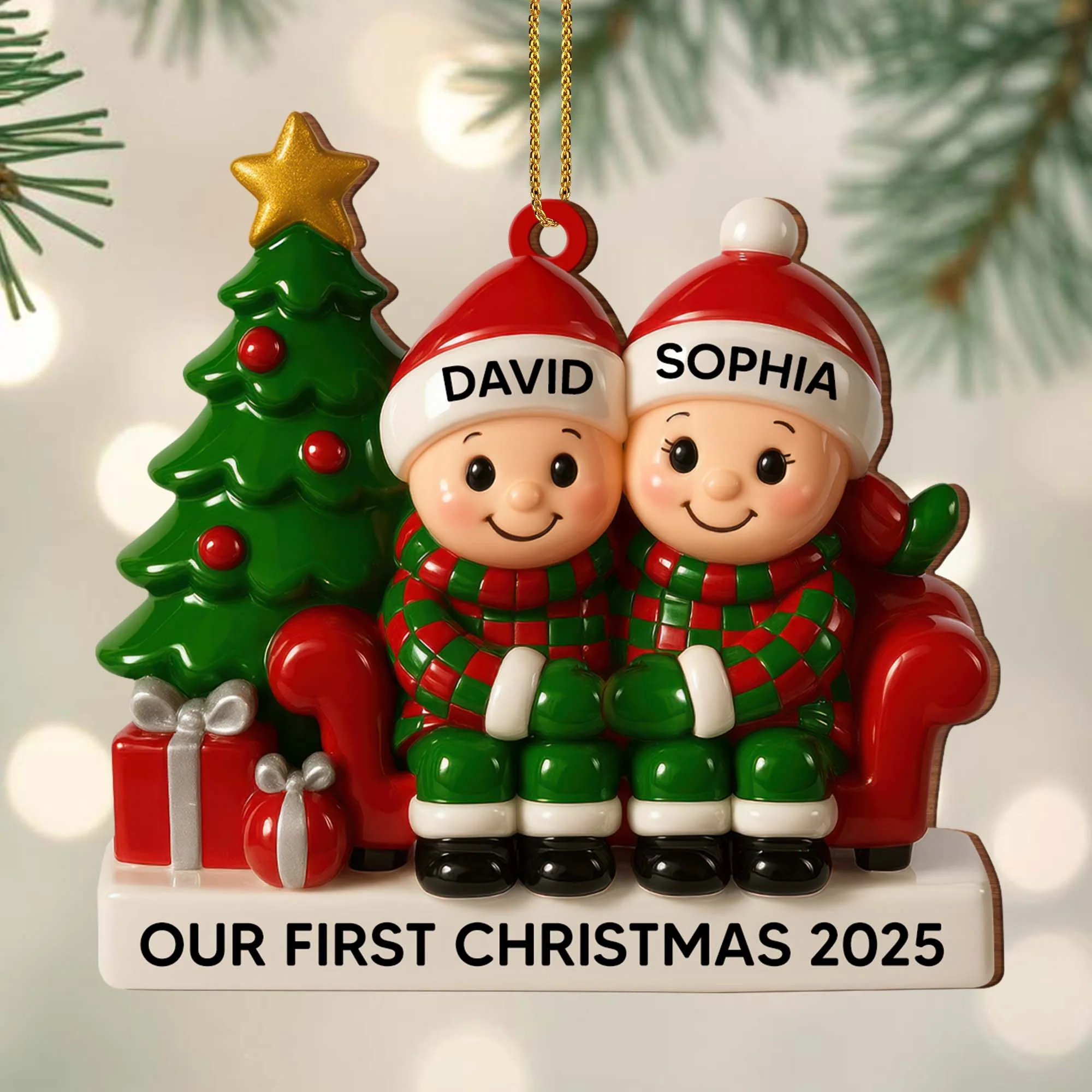 Couple Our First Christmas With Christmas Tree and Gifts, Personalized Wood Ornament - Image 2