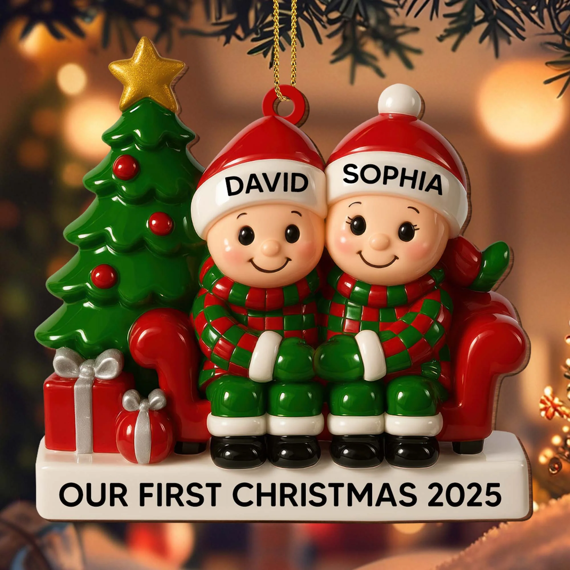 Couple Our First Christmas With Christmas Tree and Gifts, Personalized Wood Ornament - Image 3