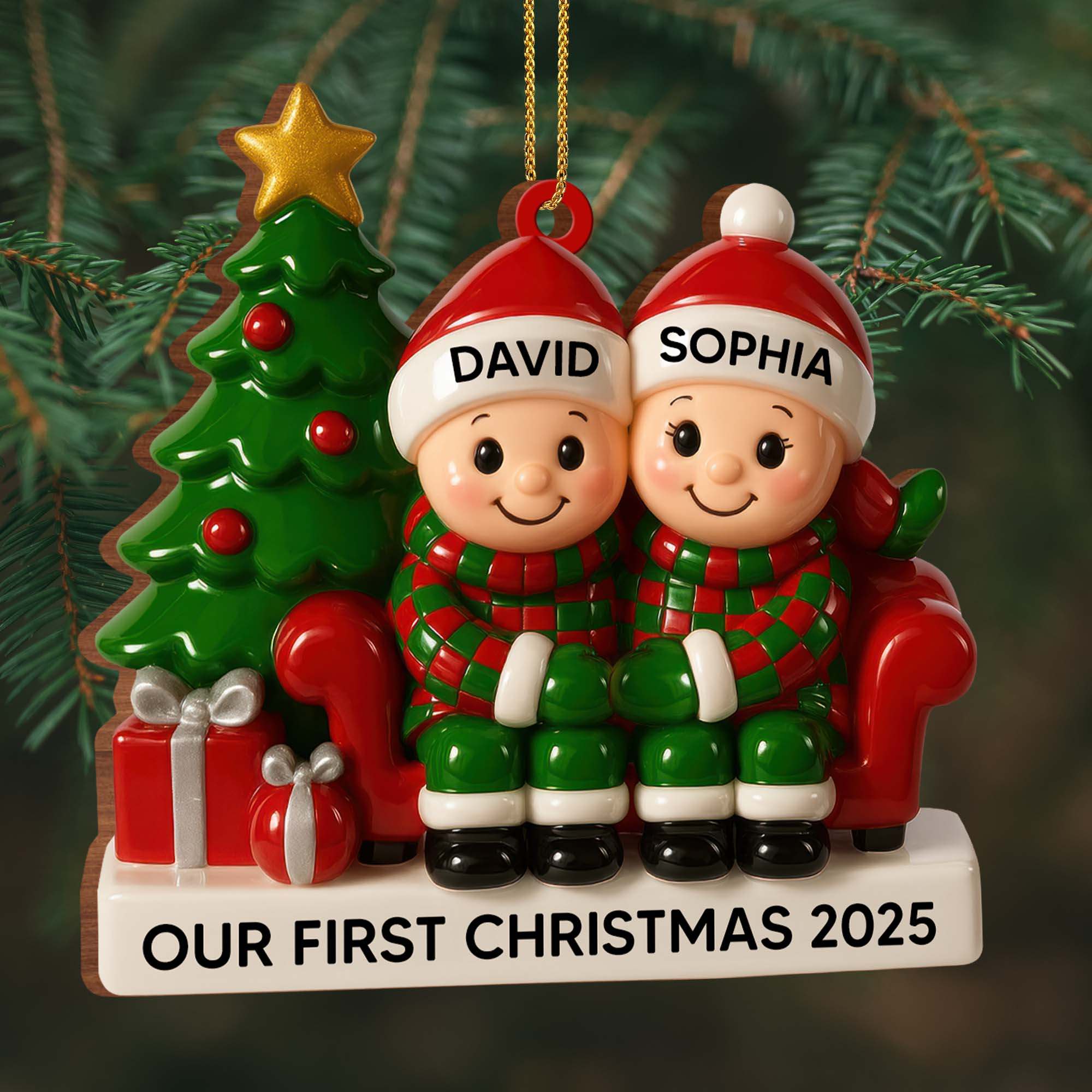 Couple Our First Christmas With Christmas Tree and Gifts, Personalized Wood Ornament - Image 4