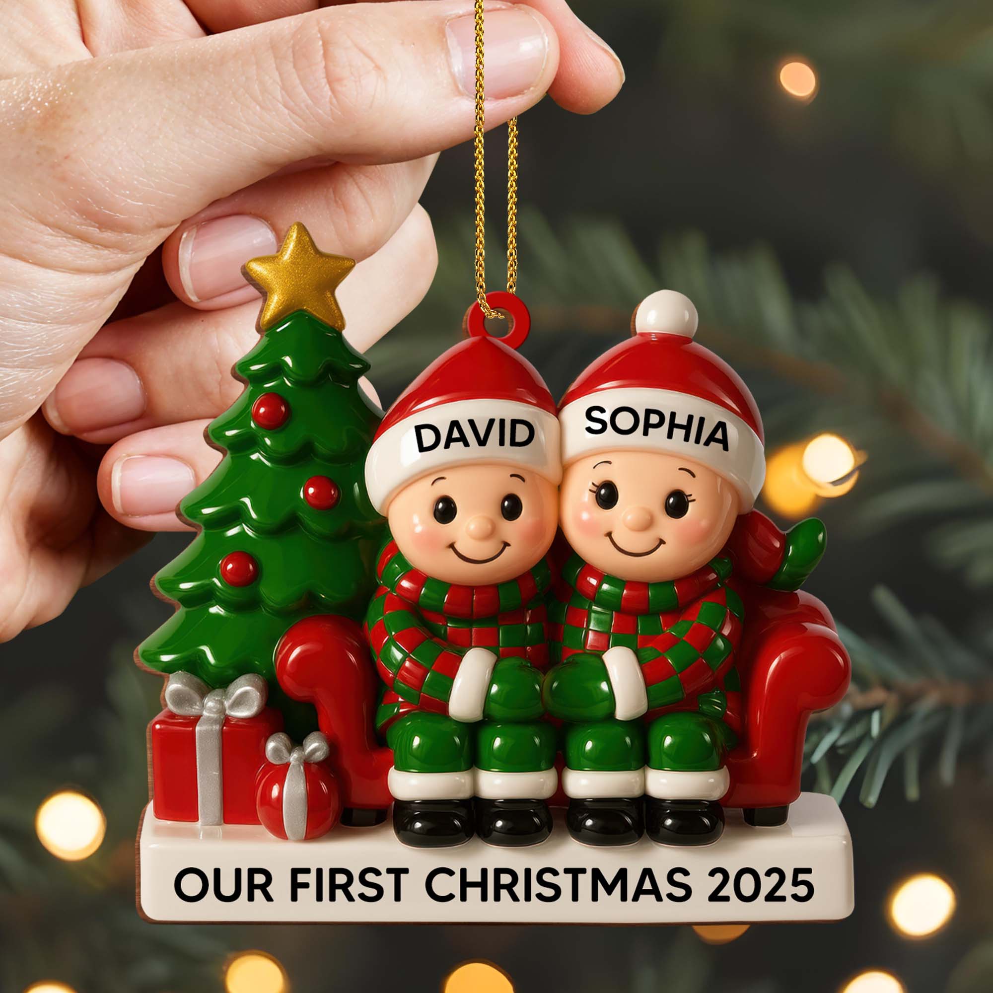 Couple Our First Christmas With Christmas Tree and Gifts, Personalized Wood Ornament - Image 5