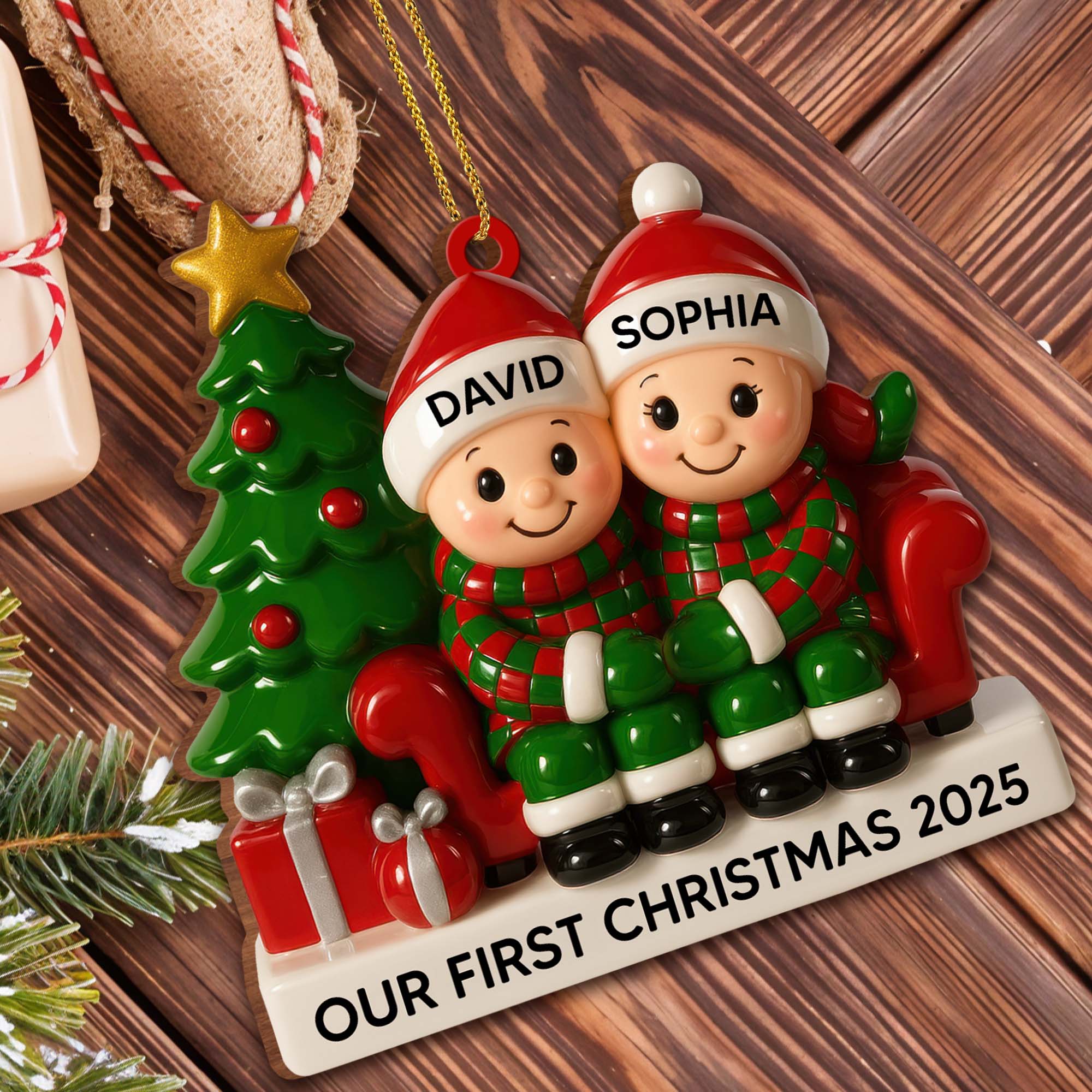 Couple Our First Christmas With Christmas Tree and Gifts, Personalized Wood Ornament - Image 6