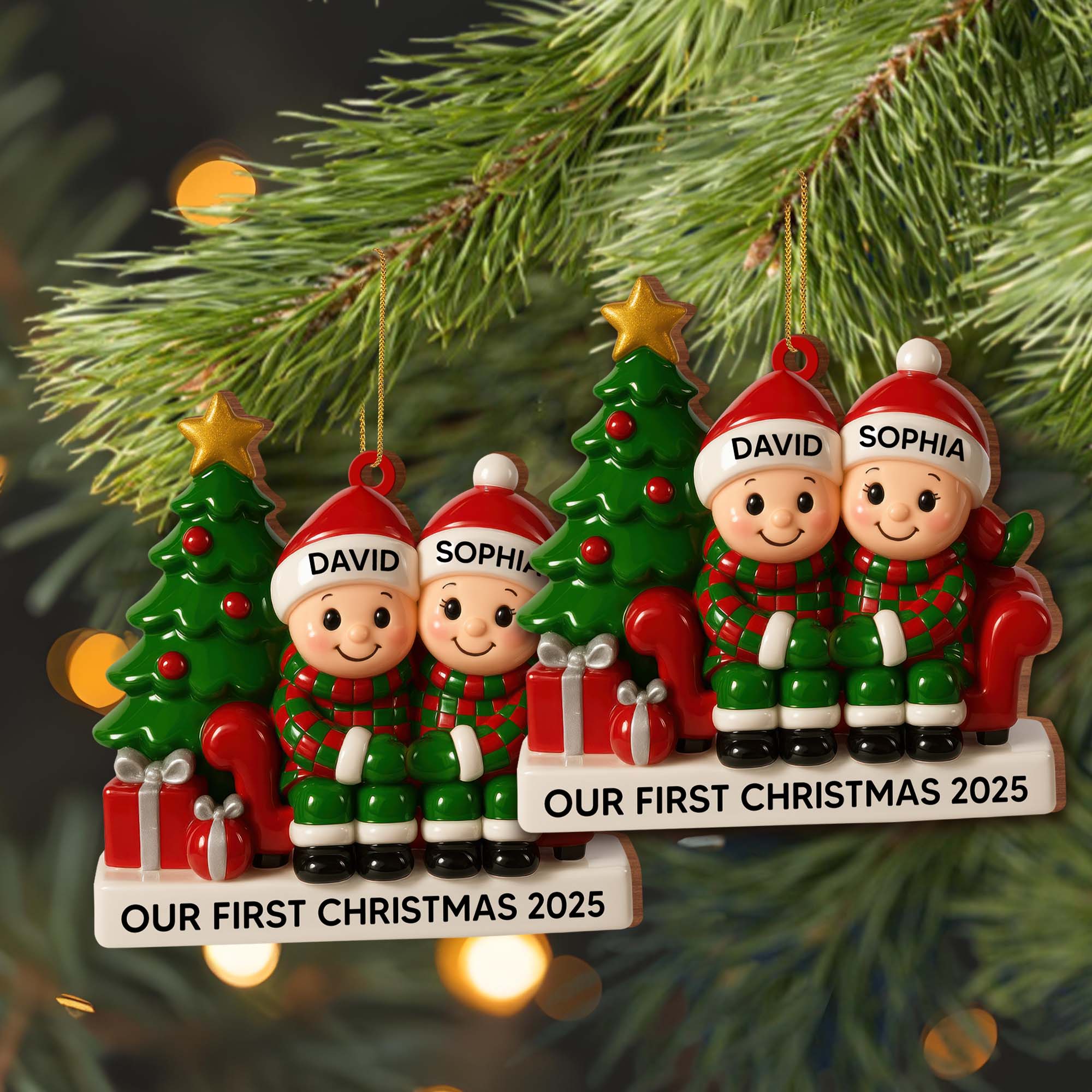 Couple Our First Christmas With Christmas Tree and Gifts, Personalized Wood Ornament - Image 7