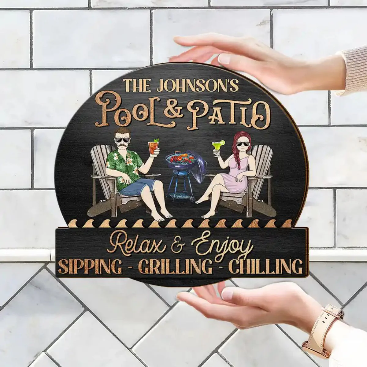 Couple Pool & Patio Sipping Chilling - Personalized Custom Shaped Wood Sign - Image 3