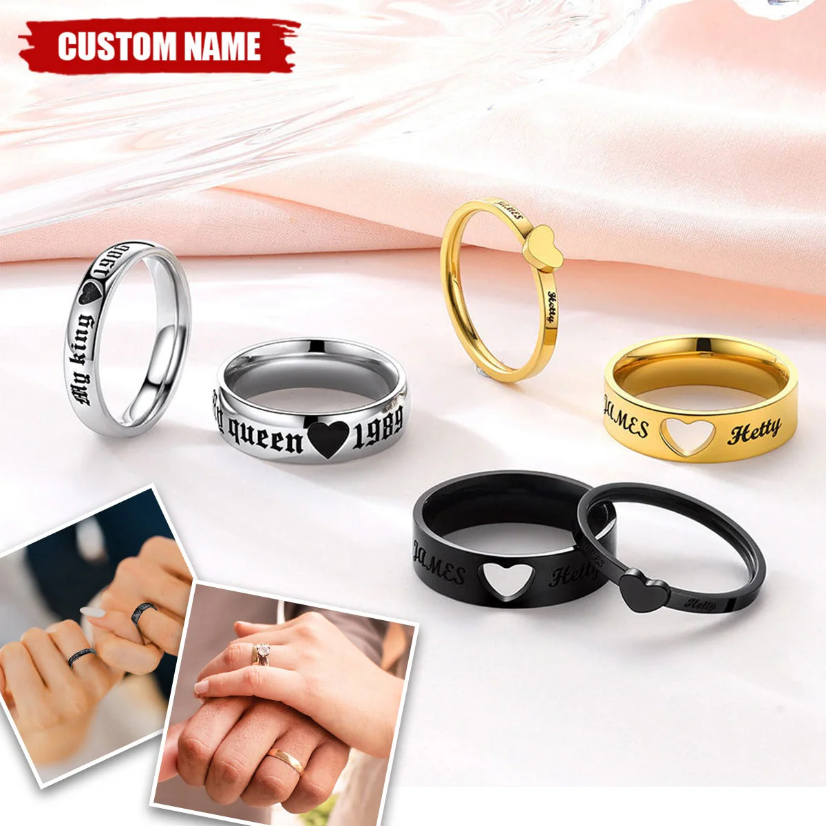 Couple Ring - Personalized Name Matching Heart Promise Rings - Image 2