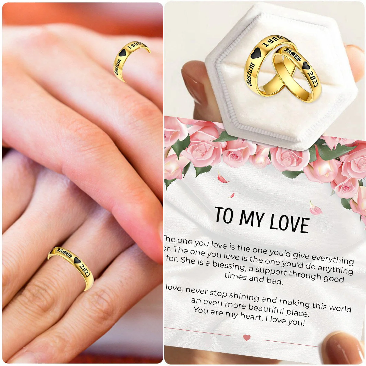 Couple Ring - Personalized Name Matching Heart Promise Rings - Image 3