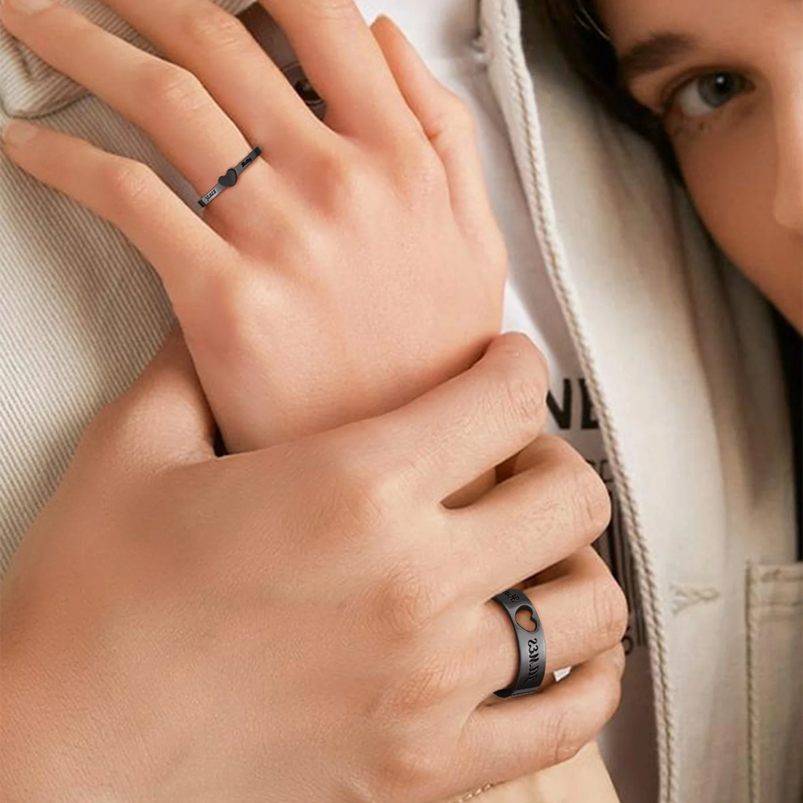 Couple Ring - Personalized Name Matching Heart Promise Rings - Image 5