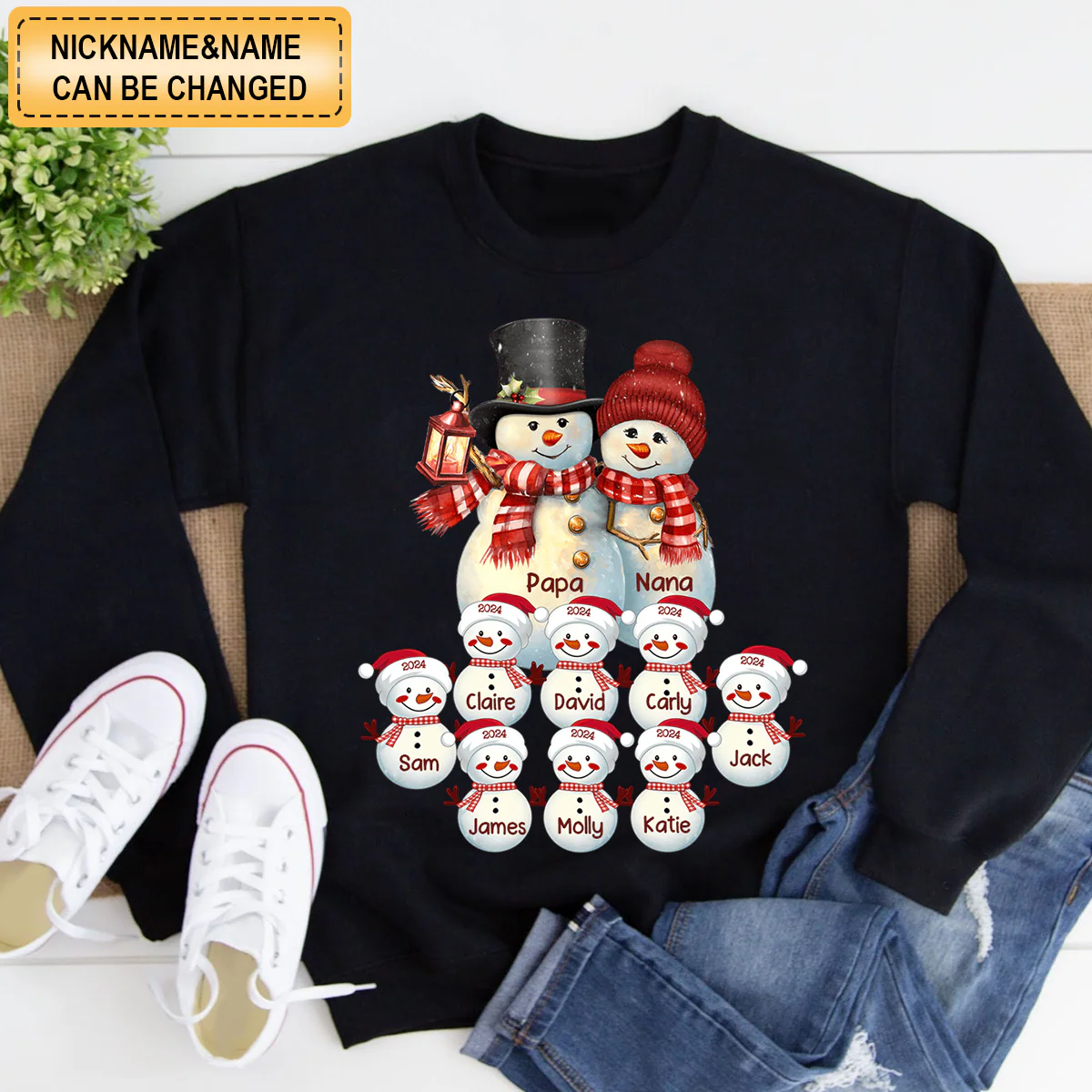 Couple Snowman Christmas Grandma Grandpa With Grandkids Personalized Sweatshirt - Image 2